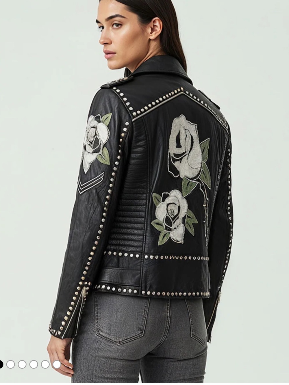 Religion Black Blush Biker leather Jacket with Rose embroidery and studs